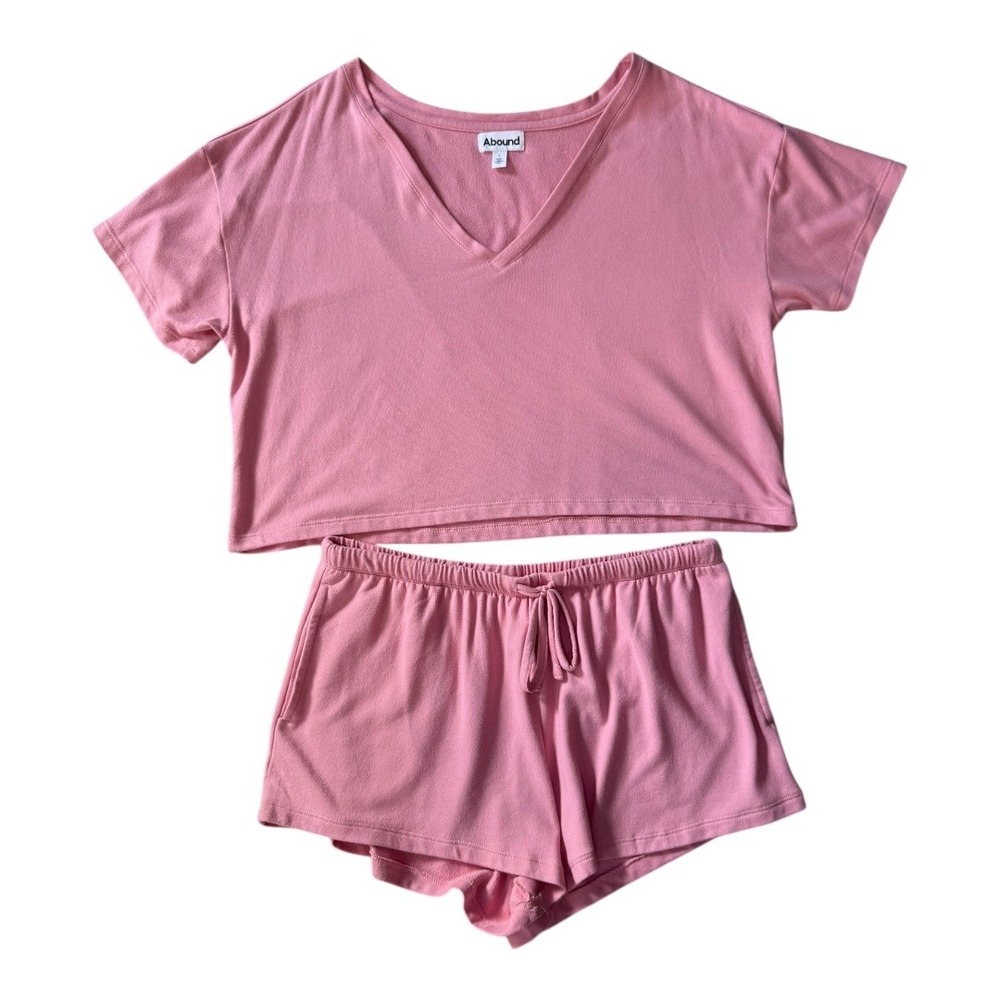 Abound Pink Ribbed‎ V Neck Cropped Tee & Drawstring Shorts Lounge Set Size Large
